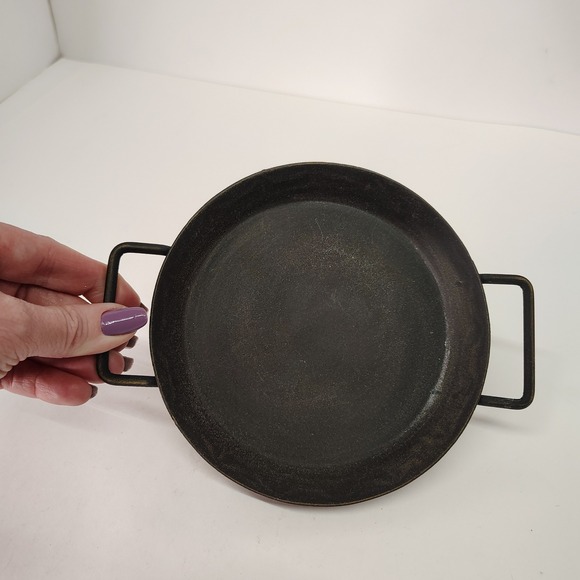 Trinket Dish Pillar Candle Holder Black 2 Handles Rustic Pan Tin Metal 5.75" Dia - Picture 1 of 9